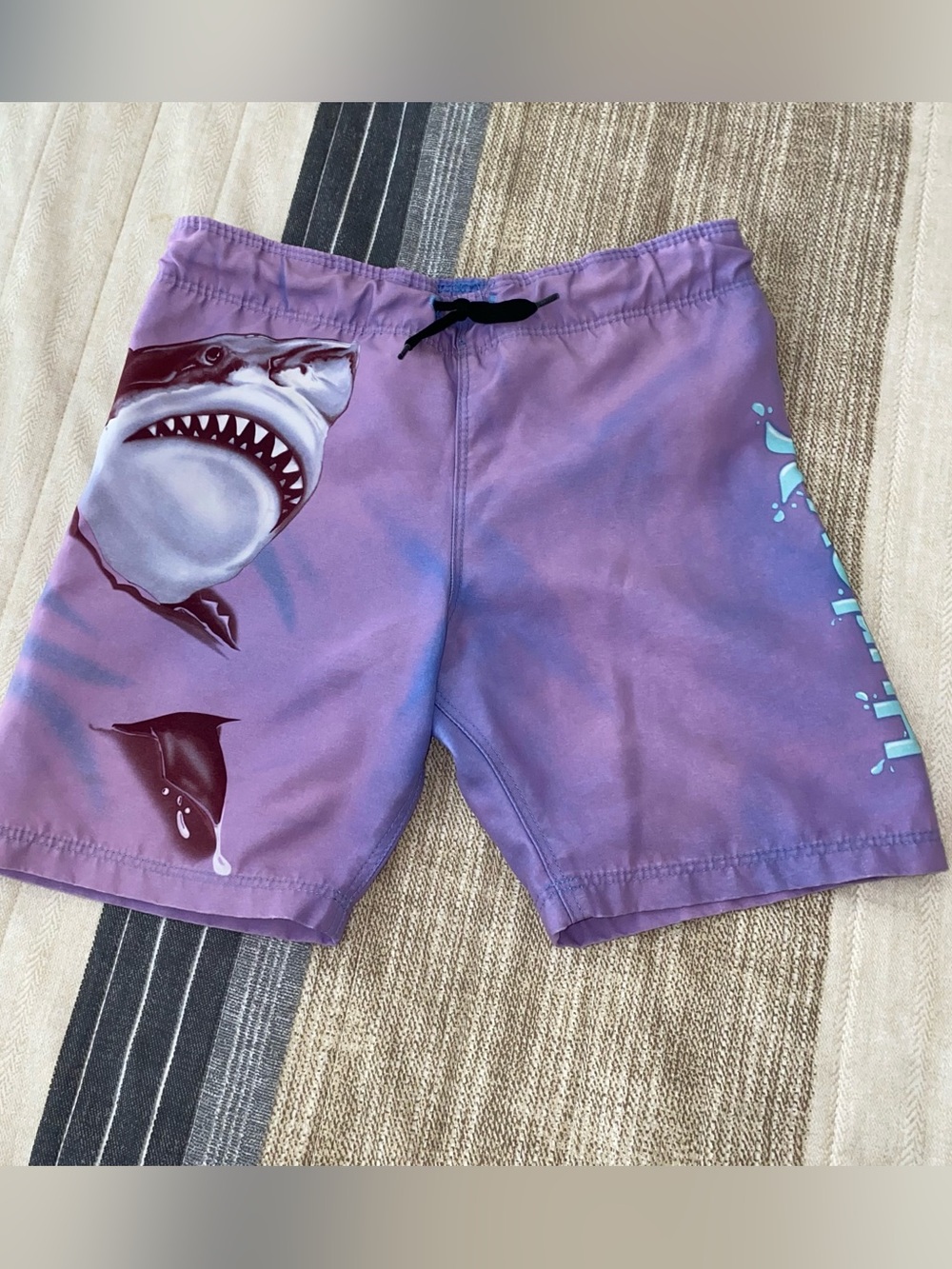 Hurley Purple and Blue Swim Shorts with Giant Shark Graphic